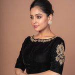 Black Velvet Hand Embroidered Work Blouse - Anvi Couture