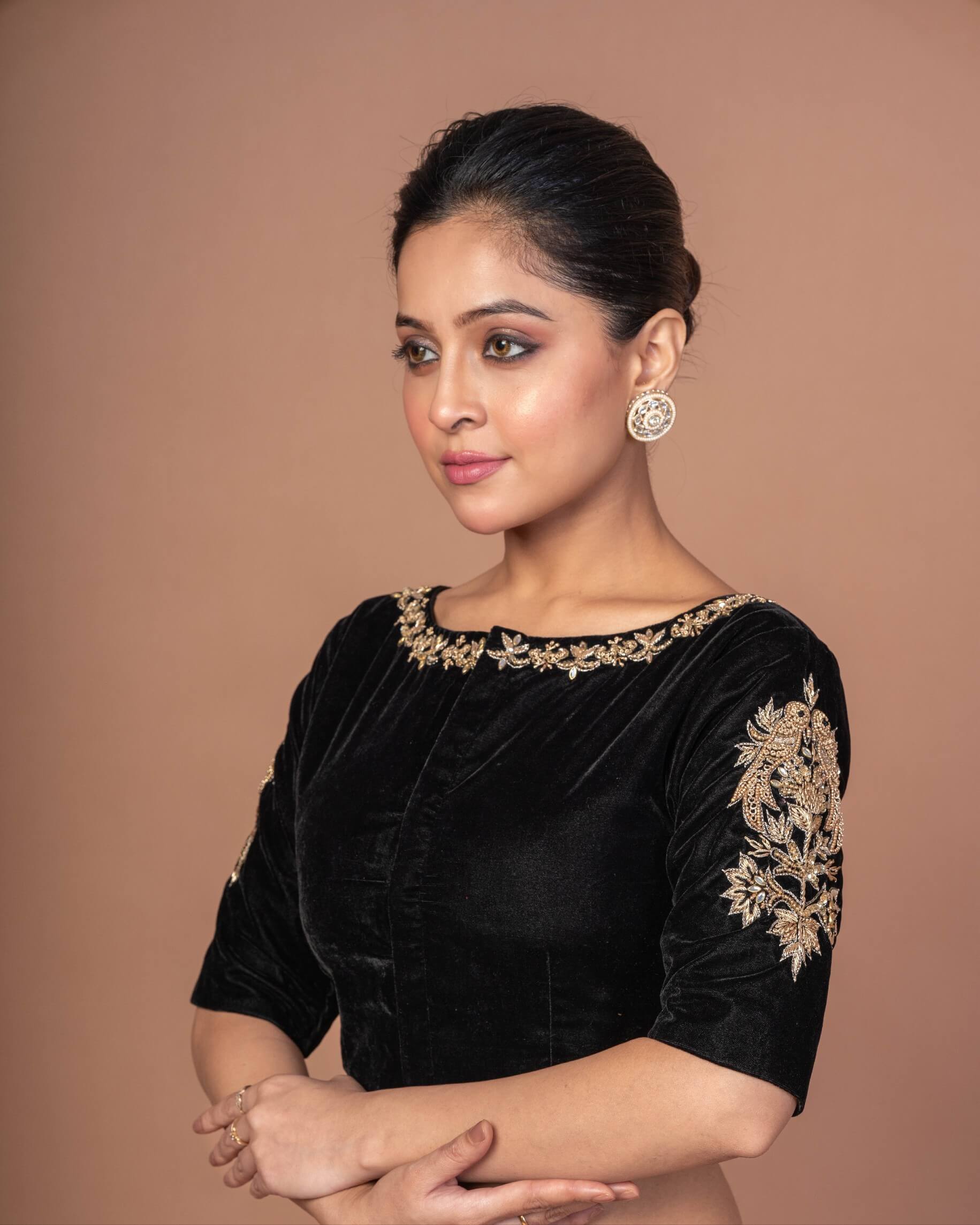 Black Velvet Hand Embroidered Work Blouse - Anvi Couture