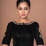 Black Velvet Hand Embroidered Work Blouse - Anvi Couture