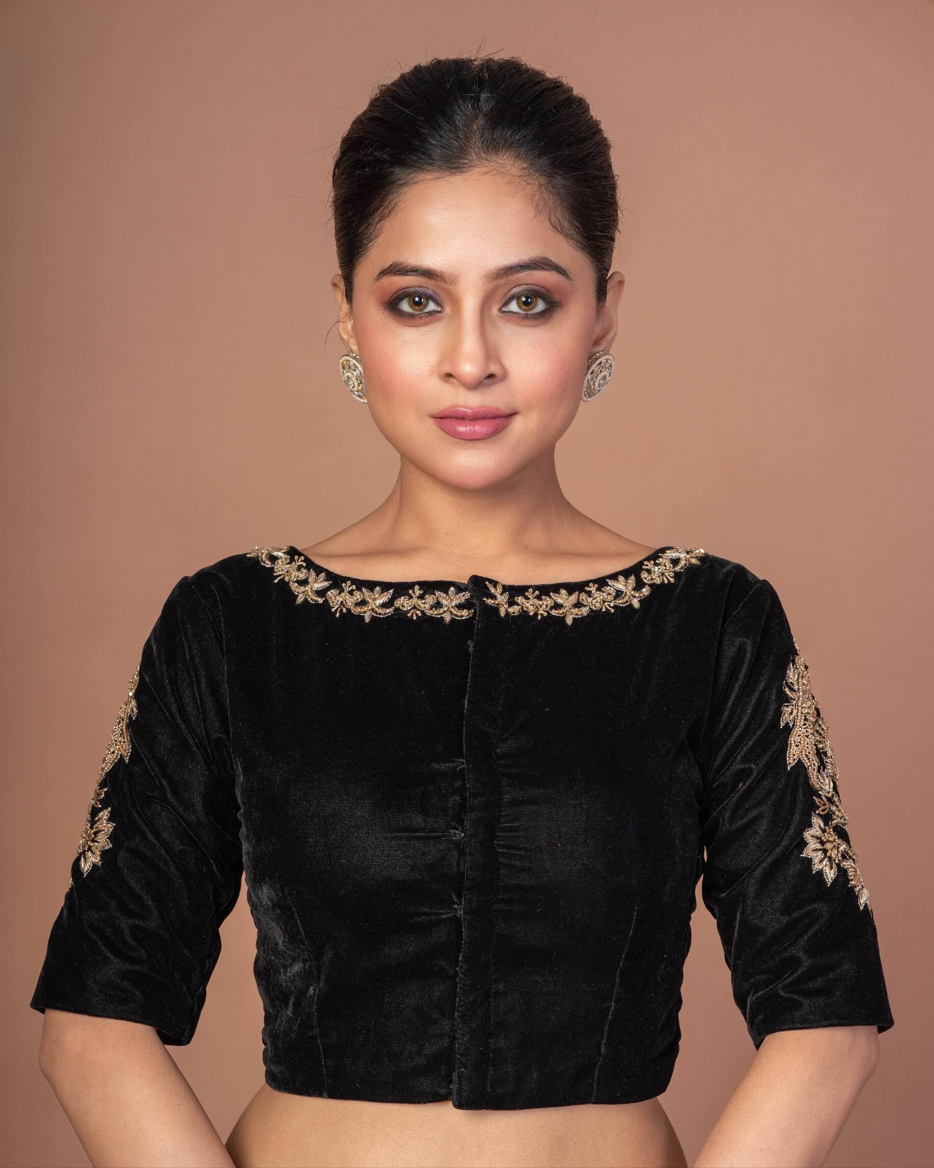 Black Velvet Hand Embroidered Work Blouse - Anvi Couture