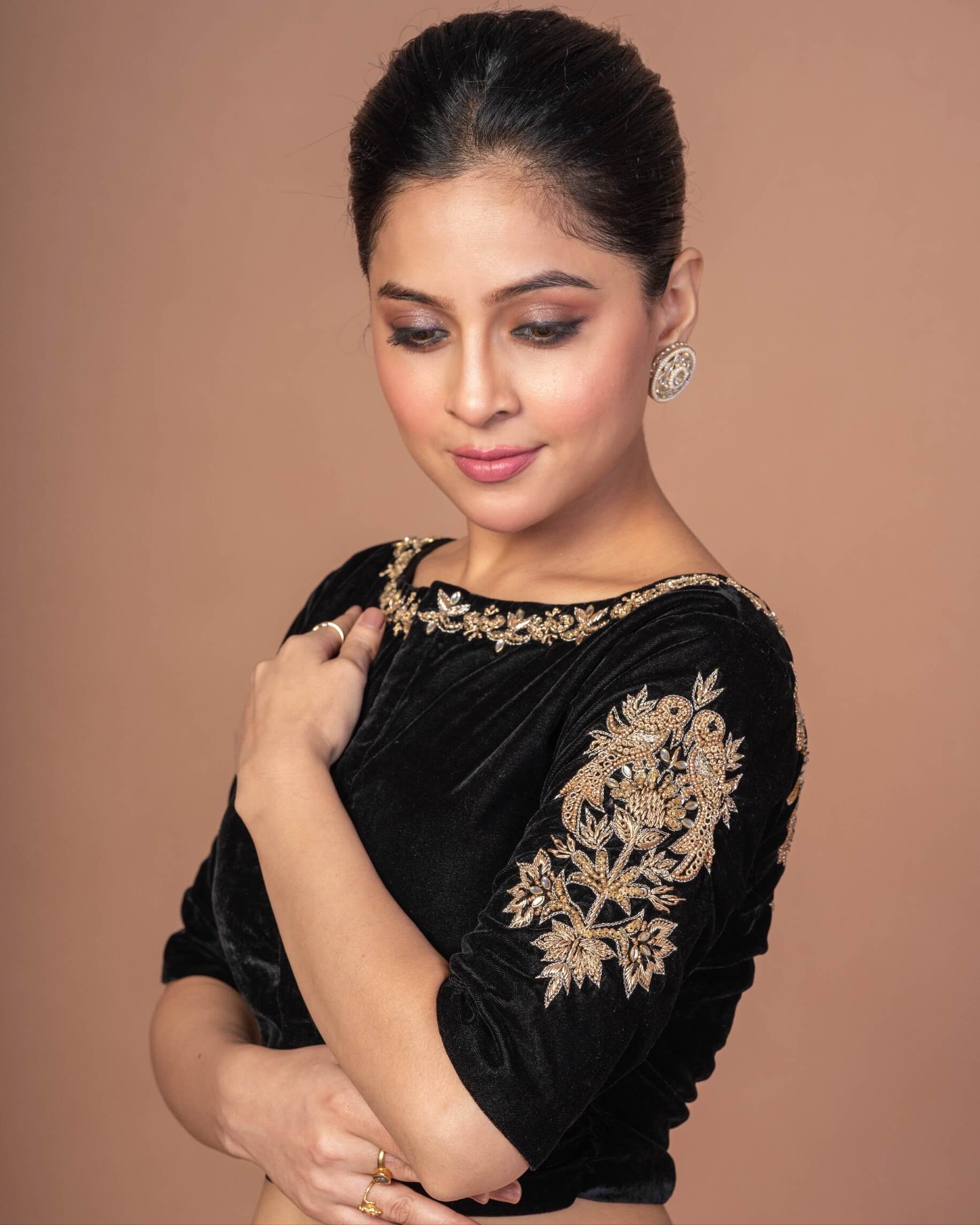 Black Velvet Hand Embroidered Work Blouse - Anvi Couture
