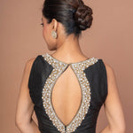 Black Raw Silk Blouse with Pearl Embroidered Work with Matka Neckline - Anvi Couture