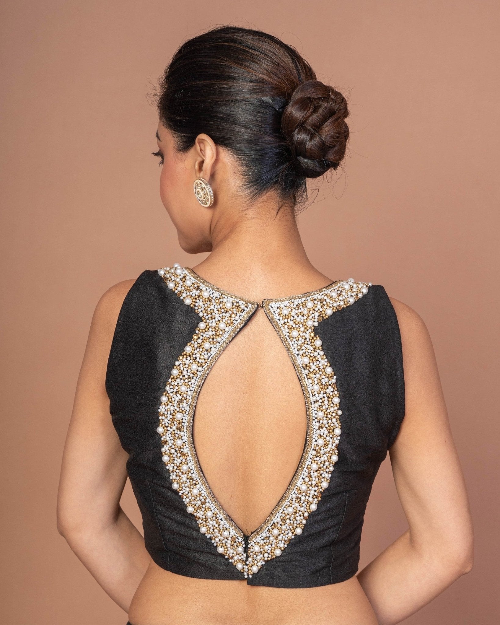 Black Raw Silk Blouse with Pearl Embroidered Work with Matka Neckline - Anvi Couture