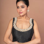 Black Raw Silk Blouse with Pearl Embroidered Work with Matka Neckline - Anvi Couture