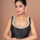 Black Raw Silk Blouse with Pearl Embroidered Work with Matka Neckline - Anvi Couture