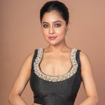 Black Raw Silk Blouse with Pearl Embroidered Work with Matka Neckline - Anvi Couture