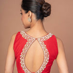 Red Raw Silk Blouse with Pearl Embroidered Work with Matka Neckline - Anvi Couture