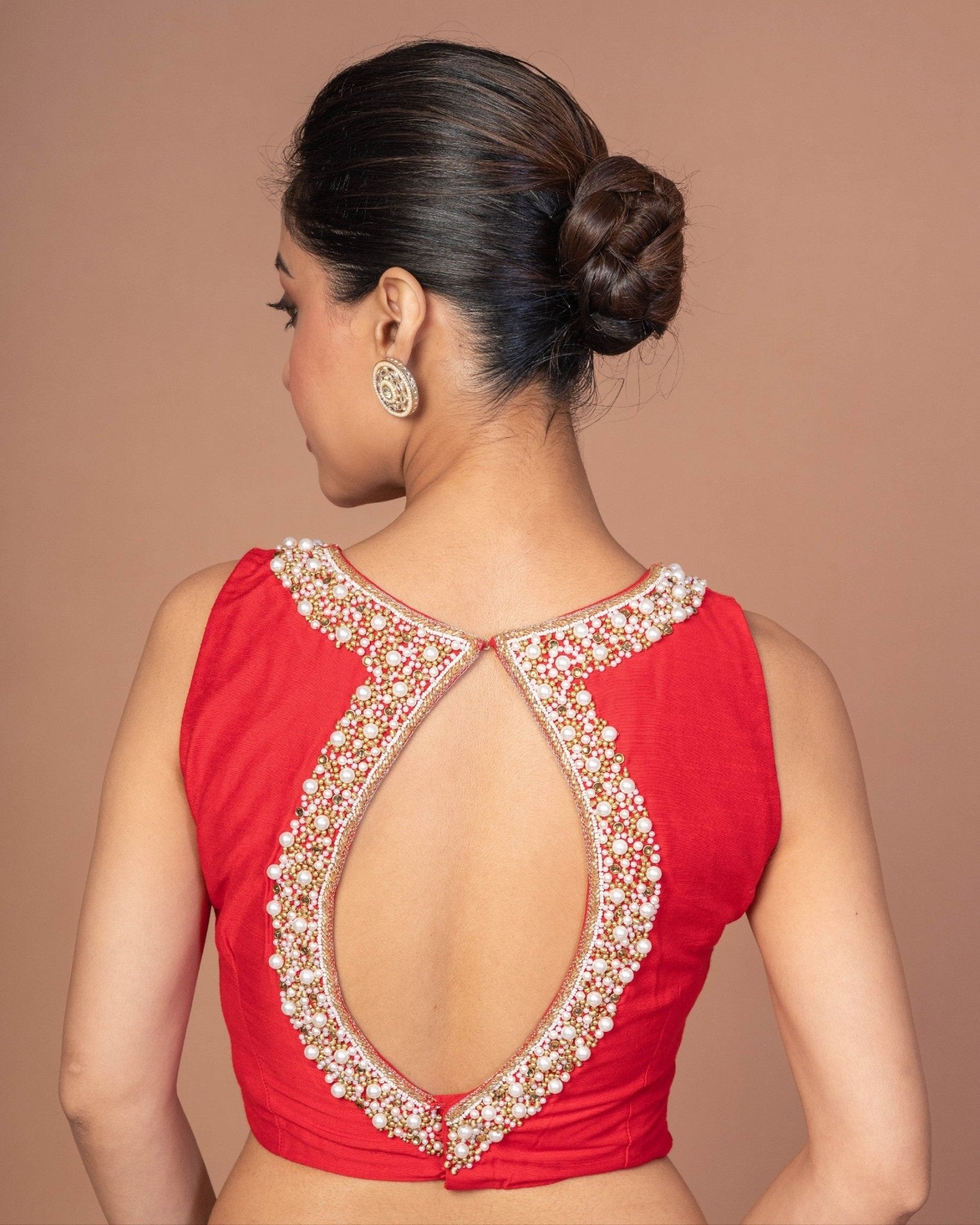 Red Raw Silk Blouse with Pearl Embroidered Work with Matka Neckline - Anvi Couture
