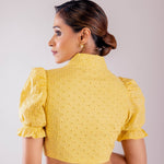 Yellow Mandarin Collar Neck Hakoba Blouse with Puff Sleeves - Anvi Couture