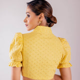 Yellow Mandarin Collar Neck Hakoba Blouse with Puff Sleeves - Anvi Couture