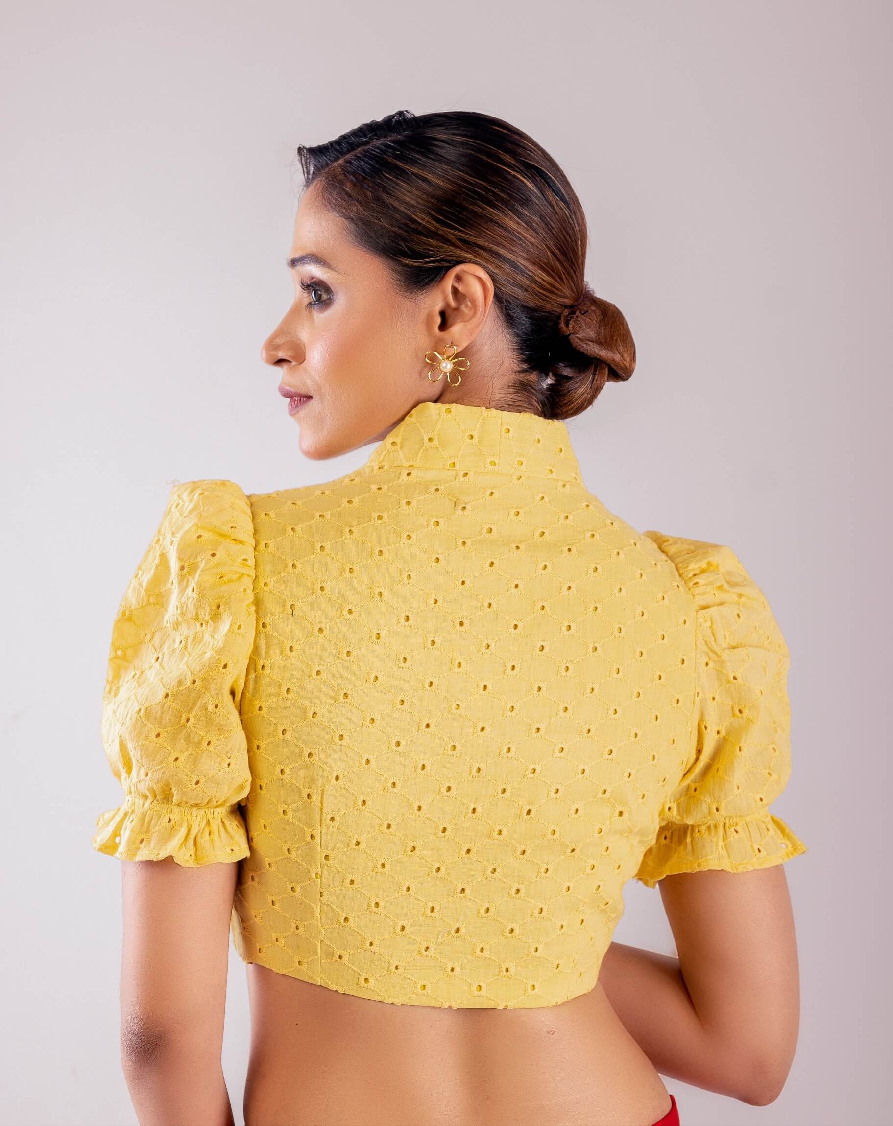 Yellow Mandarin Collar Neck Hakoba Blouse with Puff Sleeves - Anvi Couture