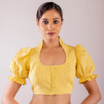 Yellow Mandarin Collar Neck Hakoba Blouse with Puff Sleeves - Anvi Couture
