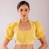 Yellow Mandarin Collar Neck Hakoba Blouse with Puff Sleeves - Anvi Couture