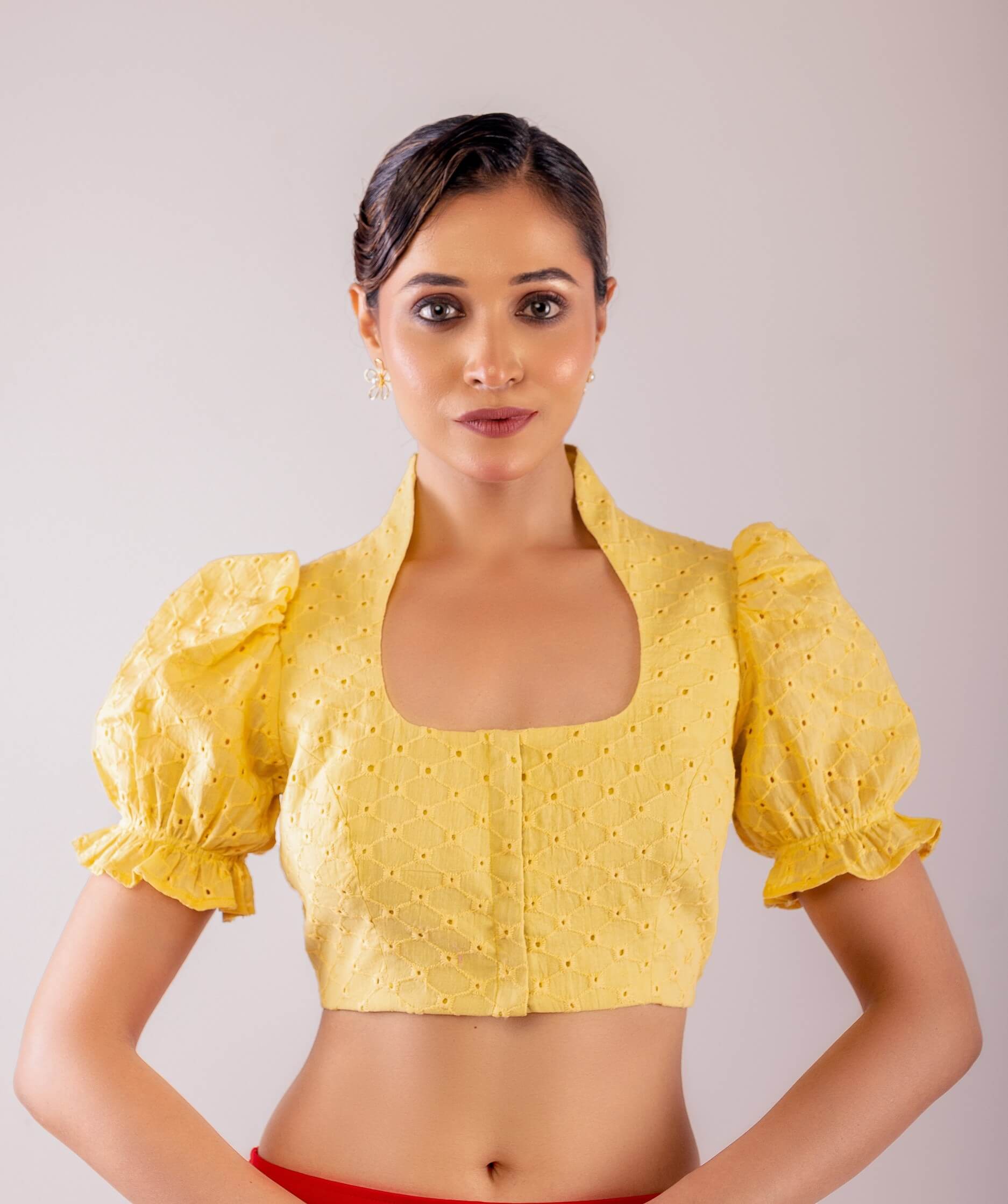 Yellow Mandarin Collar Neck Hakoba Blouse with Puff Sleeves - Anvi Couture