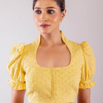 Yellow Mandarin Collar Neck Hakoba Blouse with Puff Sleeves - Anvi Couture