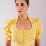 Yellow Mandarin Collar Neck Hakoba Blouse with Puff Sleeves - Anvi Couture