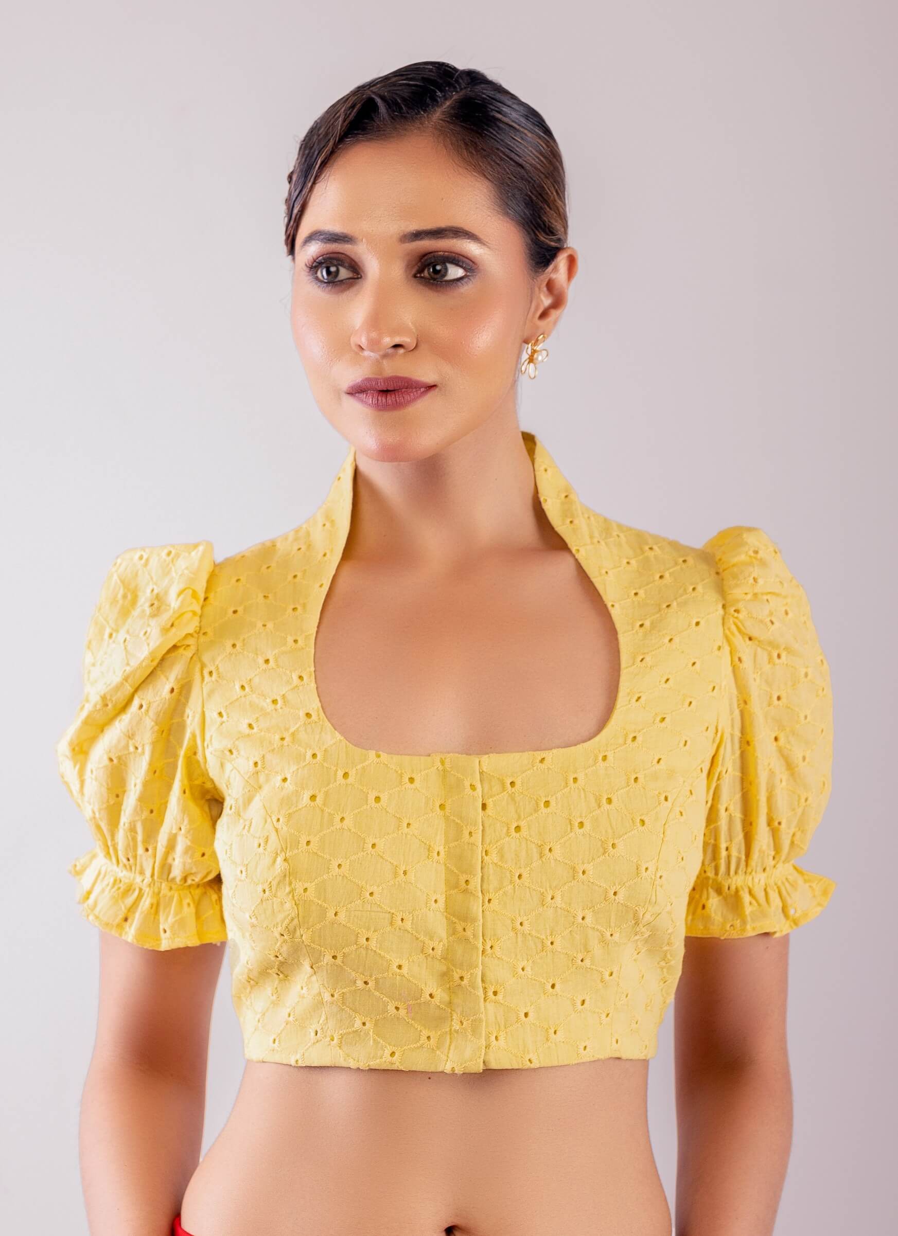 Yellow Mandarin Collar Neck Hakoba Blouse with Puff Sleeves - Anvi Couture
