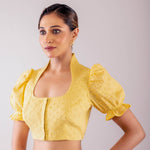 Yellow Mandarin Collar Neck Hakoba Blouse with Puff Sleeves - Anvi Couture