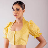 Yellow Mandarin Collar Neck Hakoba Blouse with Puff Sleeves - Anvi Couture