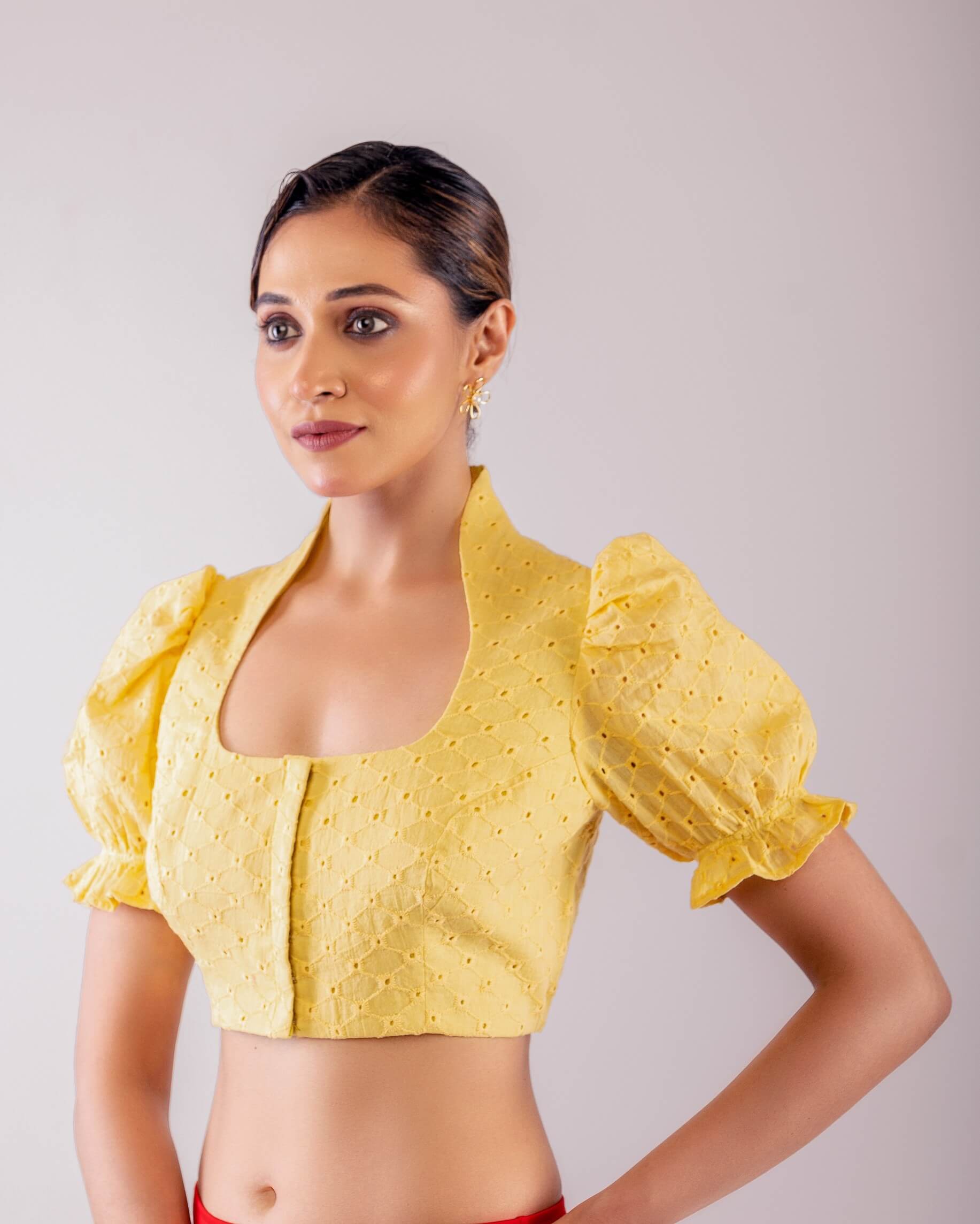 Yellow Mandarin Collar Neck Hakoba Blouse with Puff Sleeves