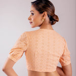 Peach Curve V Neckline Hakoba Blouse with Puff Sleeves - Anvi Couture