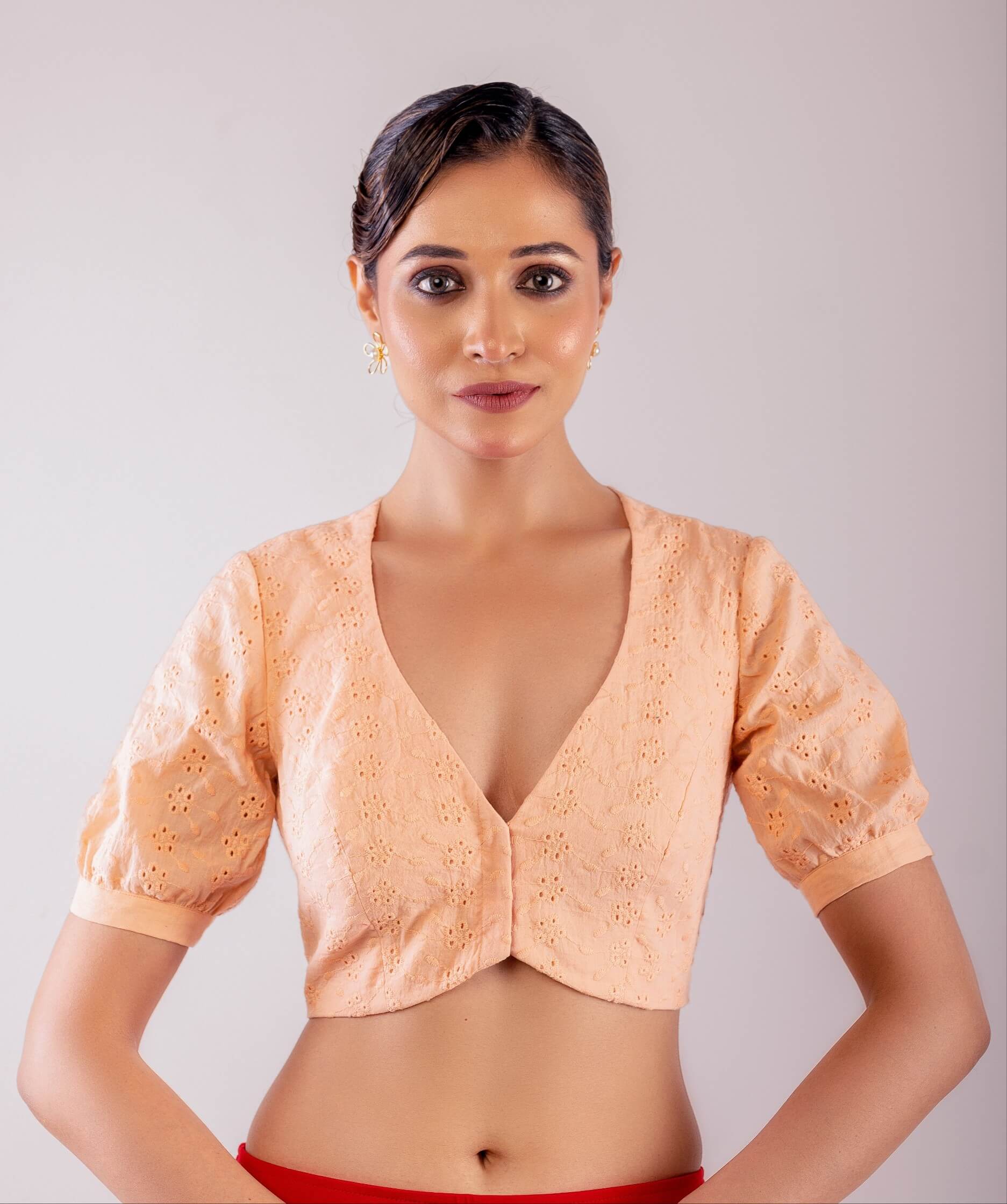 Peach Curve V Neckline Hakoba Blouse with Puff Sleeves - Anvi Couture