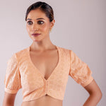 Peach Curve V Neckline Hakoba Blouse with Puff Sleeves - Anvi Couture