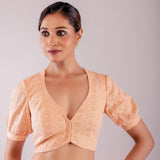 Peach Curve V Neckline Hakoba Blouse with Puff Sleeves - Anvi Couture