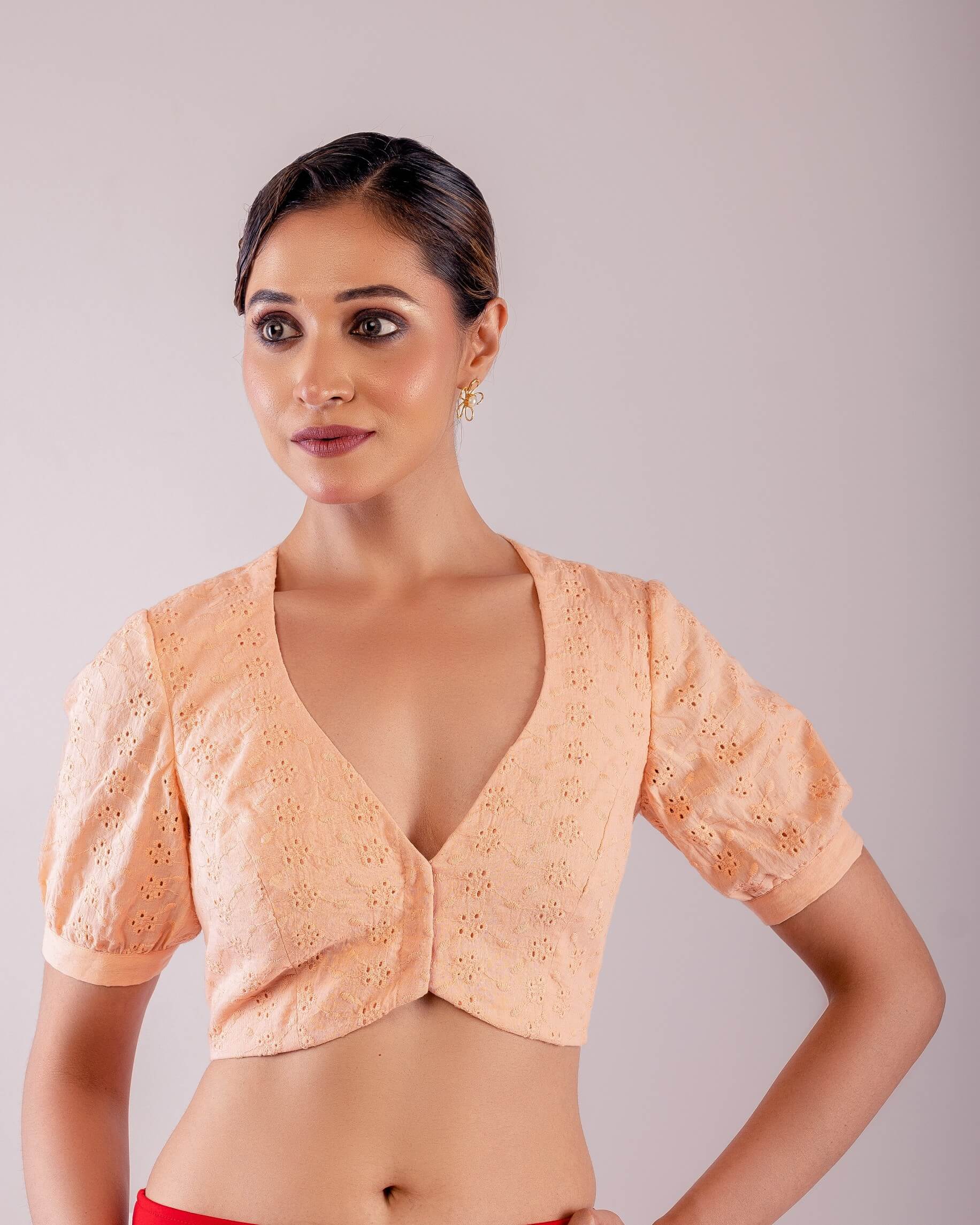 Peach Curve V Neckline Hakoba Blouse with Puff Sleeves - Anvi Couture