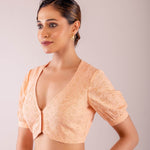 Peach Curve V Neckline Hakoba Blouse with Puff Sleeves - Anvi Couture