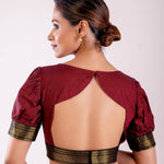 Maroon Boat Neck Traditional Silk Blouse with Puff Sleeves & Stylish Back - Anvi Couture