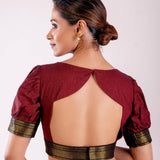 Maroon Boat Neck Traditional Silk Blouse with Puff Sleeves & Stylish Back - Anvi Couture