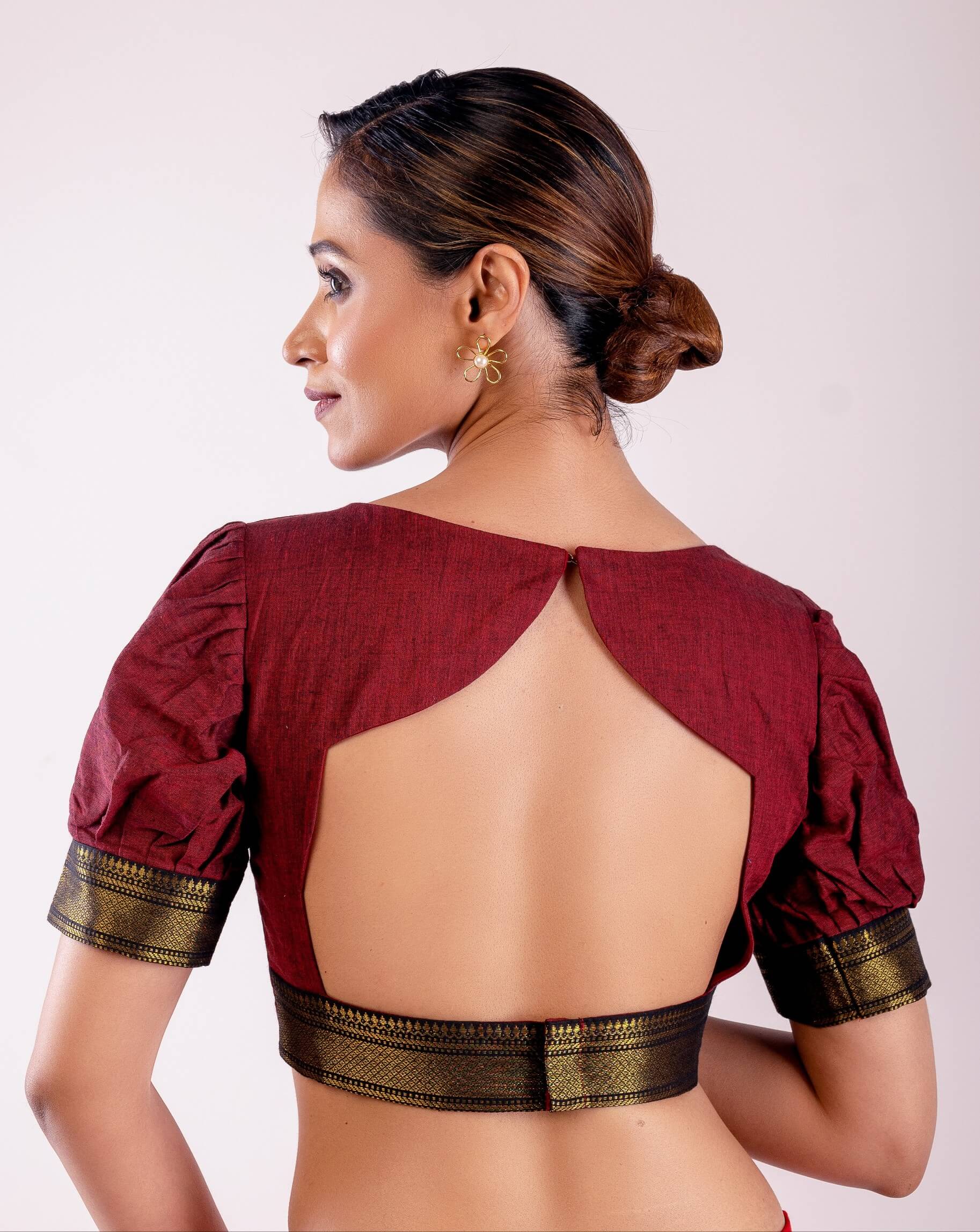 Maroon Boat Neck Traditional Silk Blouse with Puff Sleeves & Stylish Back - Anvi Couture