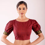 Maroon Boat Neck Traditional Silk Blouse with Puff Sleeves & Stylish Back - Anvi Couture