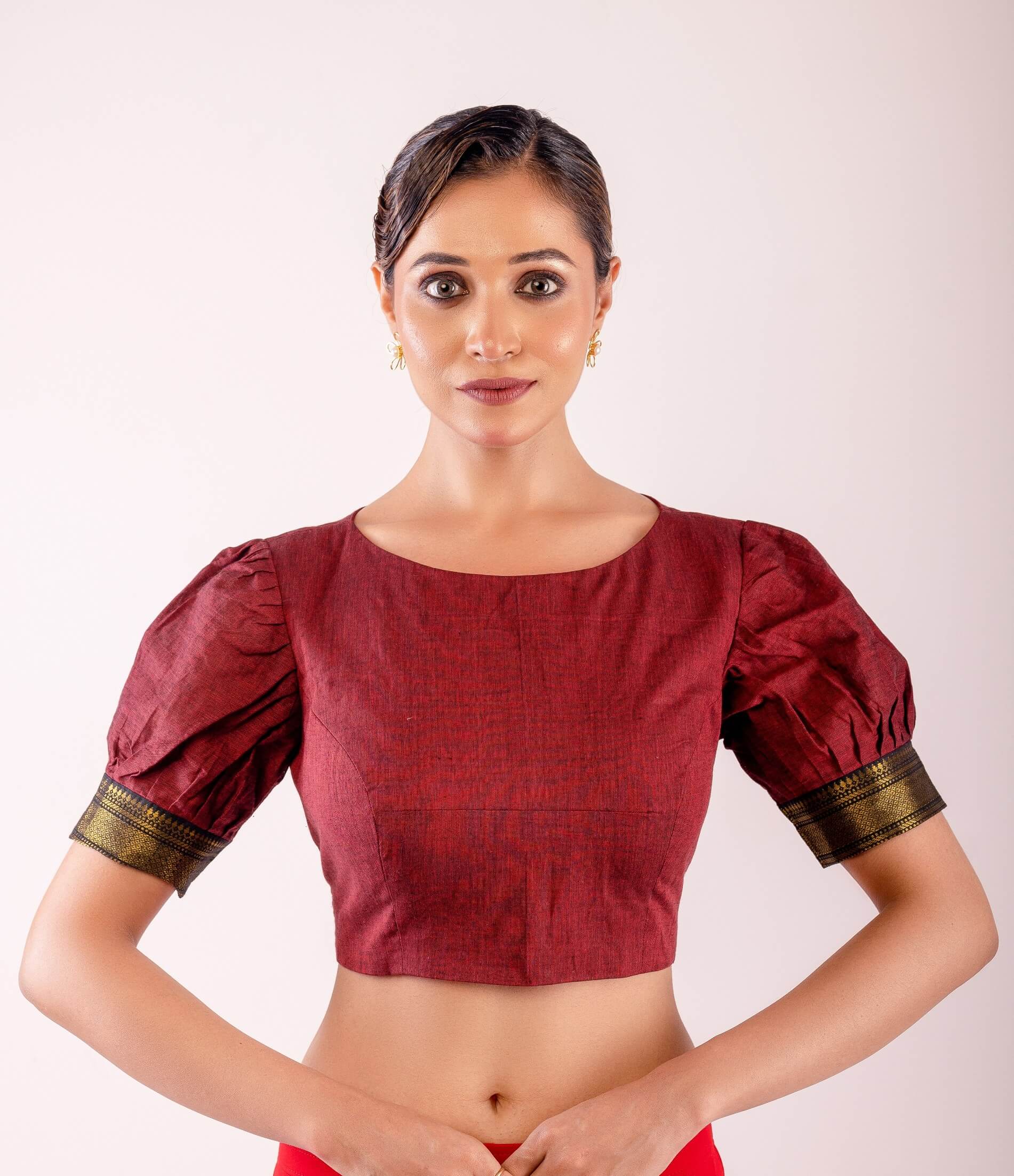 Maroon Boat Neck Traditional Silk Blouse with Puff Sleeves & Stylish Back - Anvi Couture