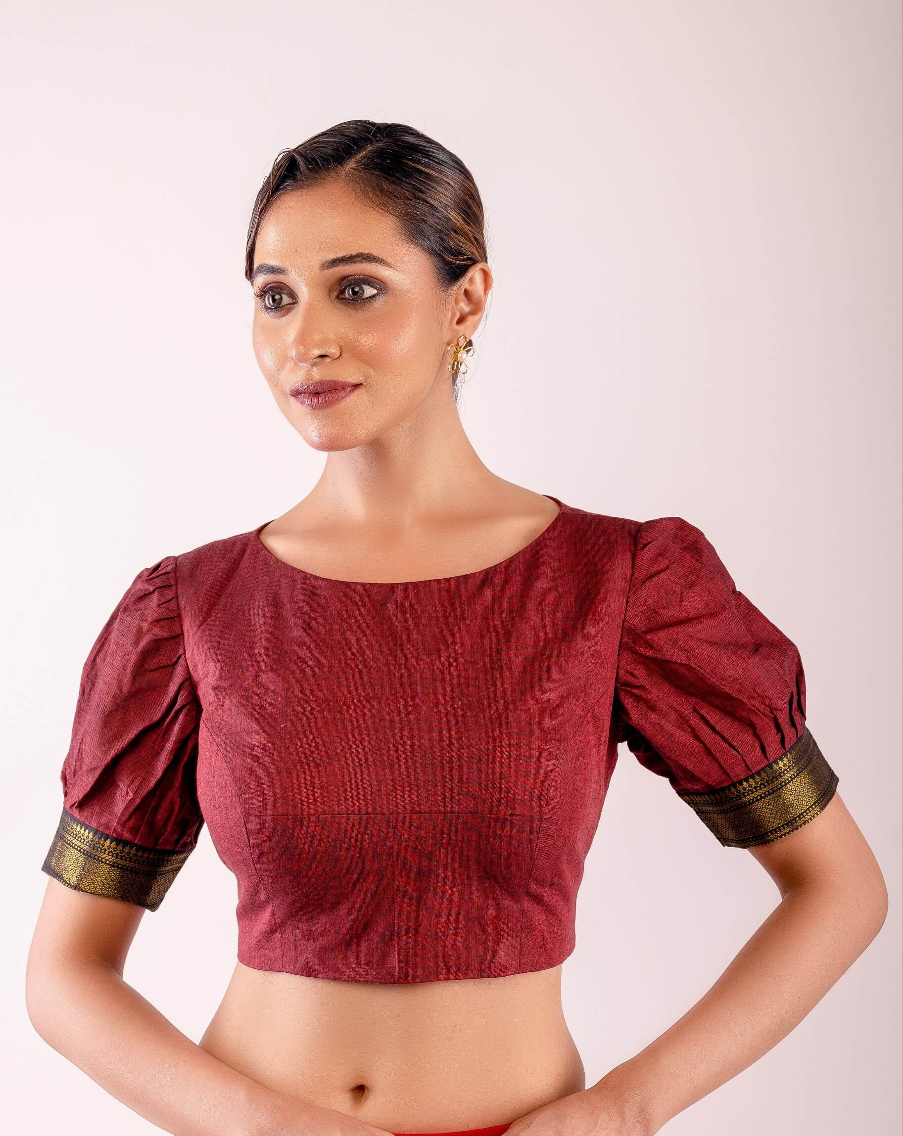 Maroon Boat Neck Traditional Silk Blouse with Puff Sleeves & Stylish Back - Anvi Couture