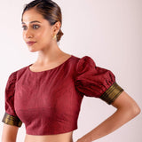 Maroon Boat Neck Traditional Silk Blouse with Puff Sleeves & Stylish Back - Anvi Couture