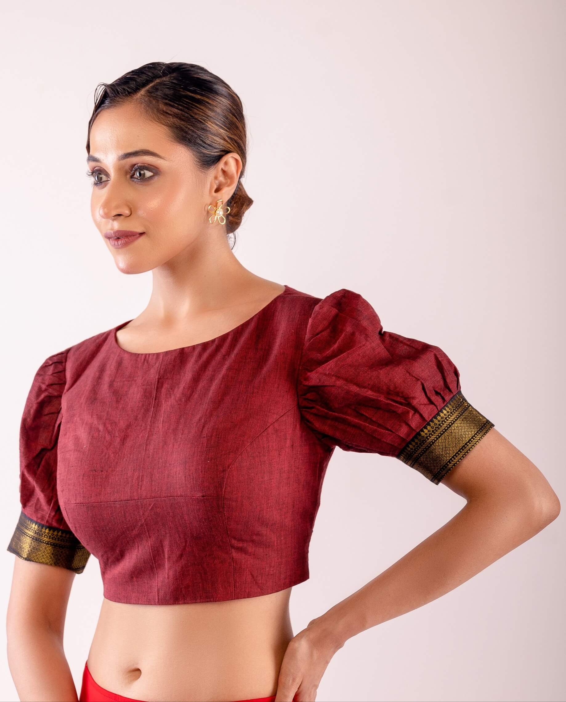 Maroon Boat Neck Traditional Silk Blouse with Puff Sleeves & Stylish Back - Anvi Couture