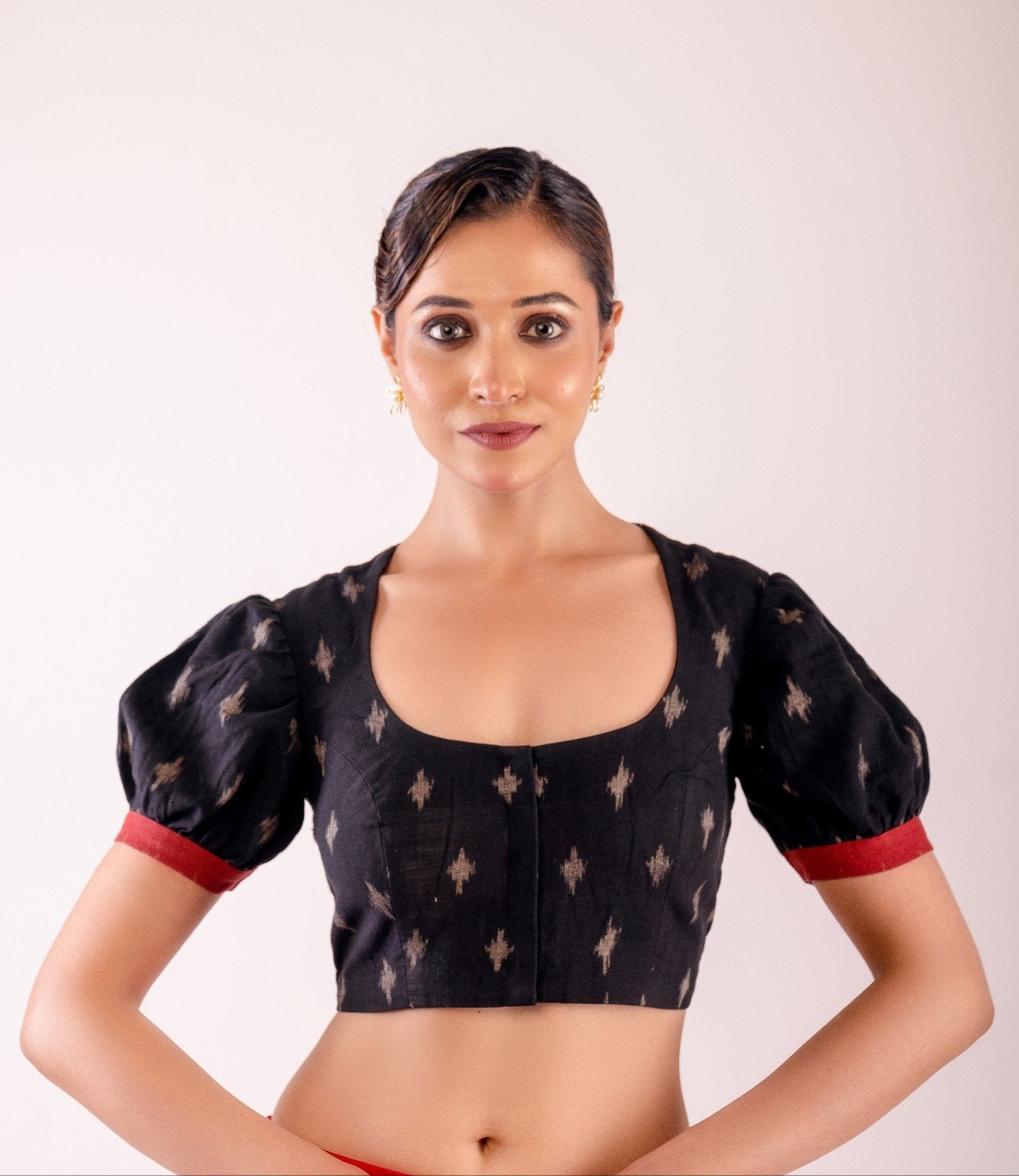 Black Kalamkari Designer Puff Sleeve Blouse - Anvi Couture