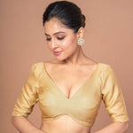 Woman Wearing a Gold Tissue Silk V-Neckline Blouse with Elbow Sleeves: Party Wear Blouses - Anvi Couture - Image 2