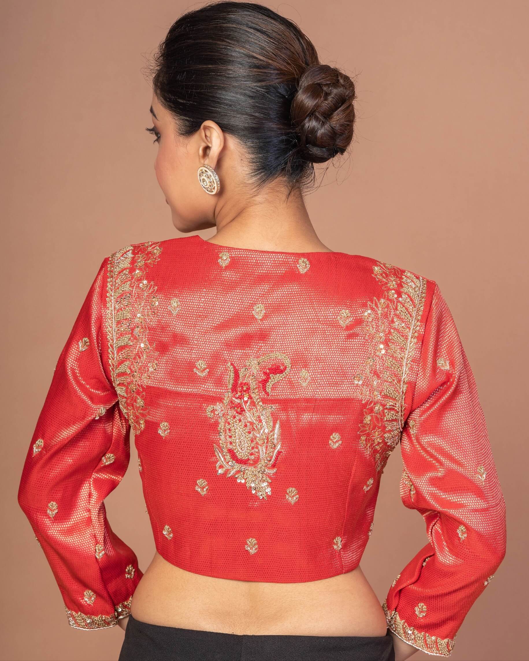 Red Tissue Silk Blouse with Hand Embroidered Work: Bridal Blouse - Anvi Couture - Image 4