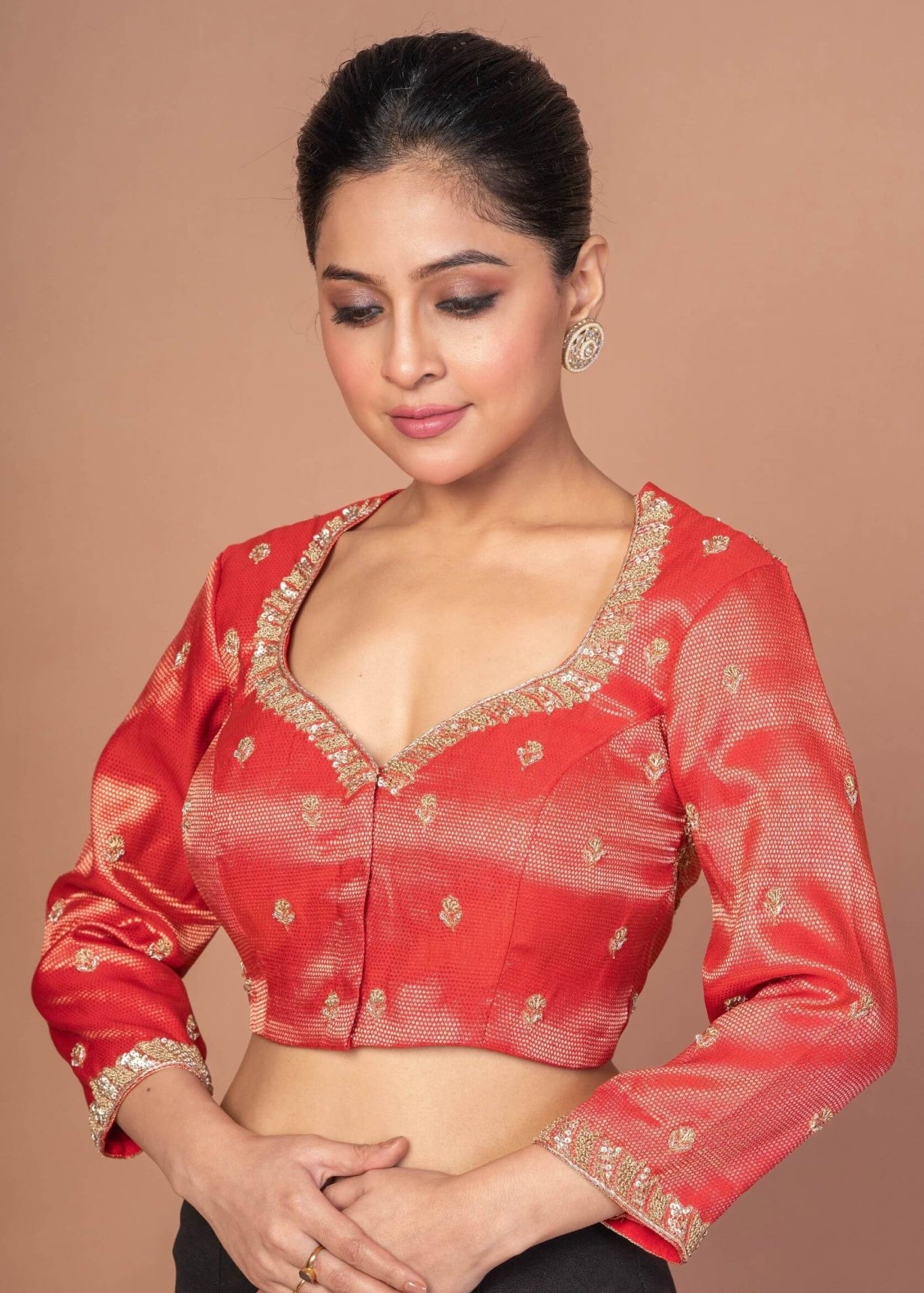 Red Tissue Silk Blouse with Hand Embroidered Work - Anvi Couture