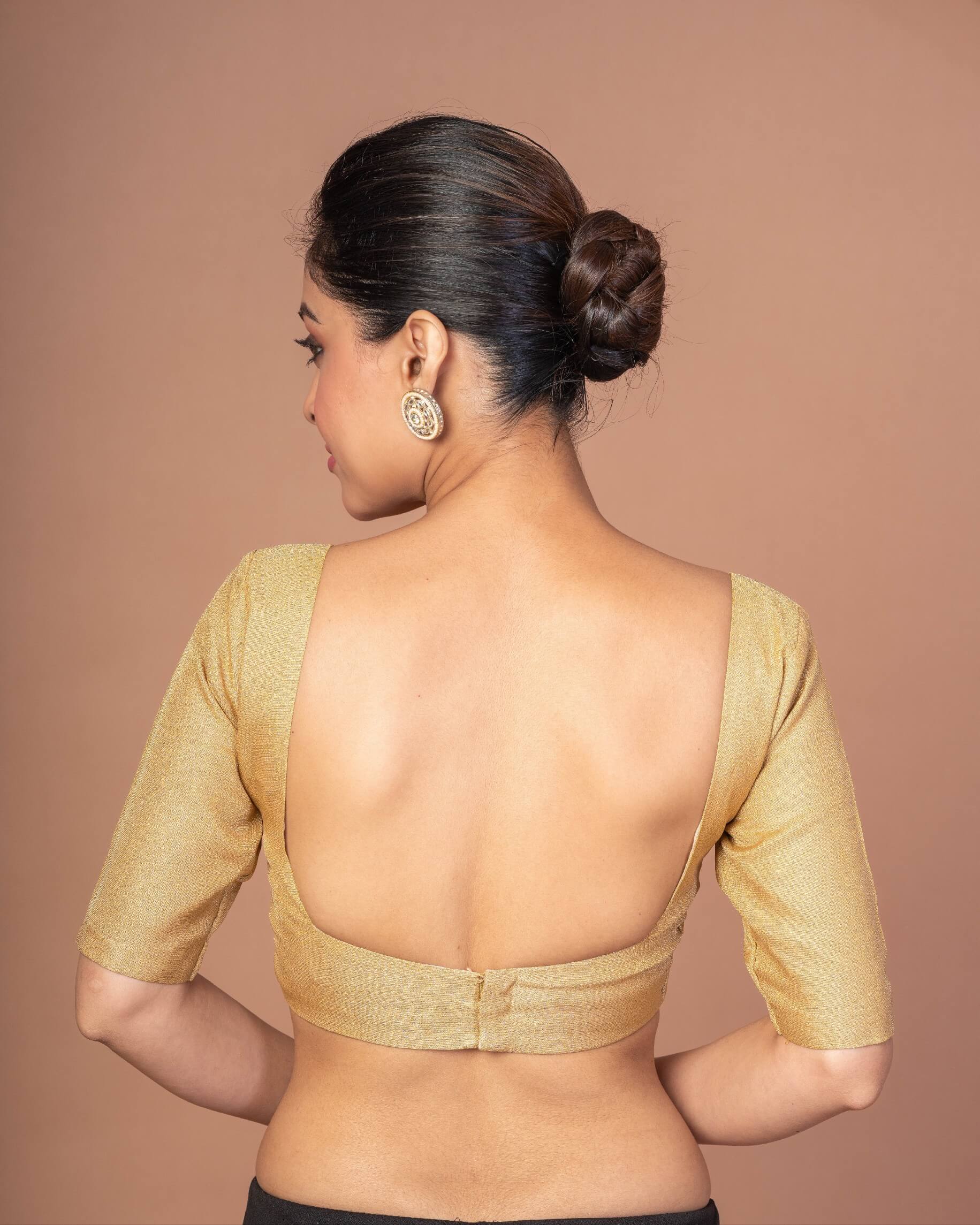 Gold Tissue Silk V - Neckline Blouse with Elbow Sleeves - Anvi Couture