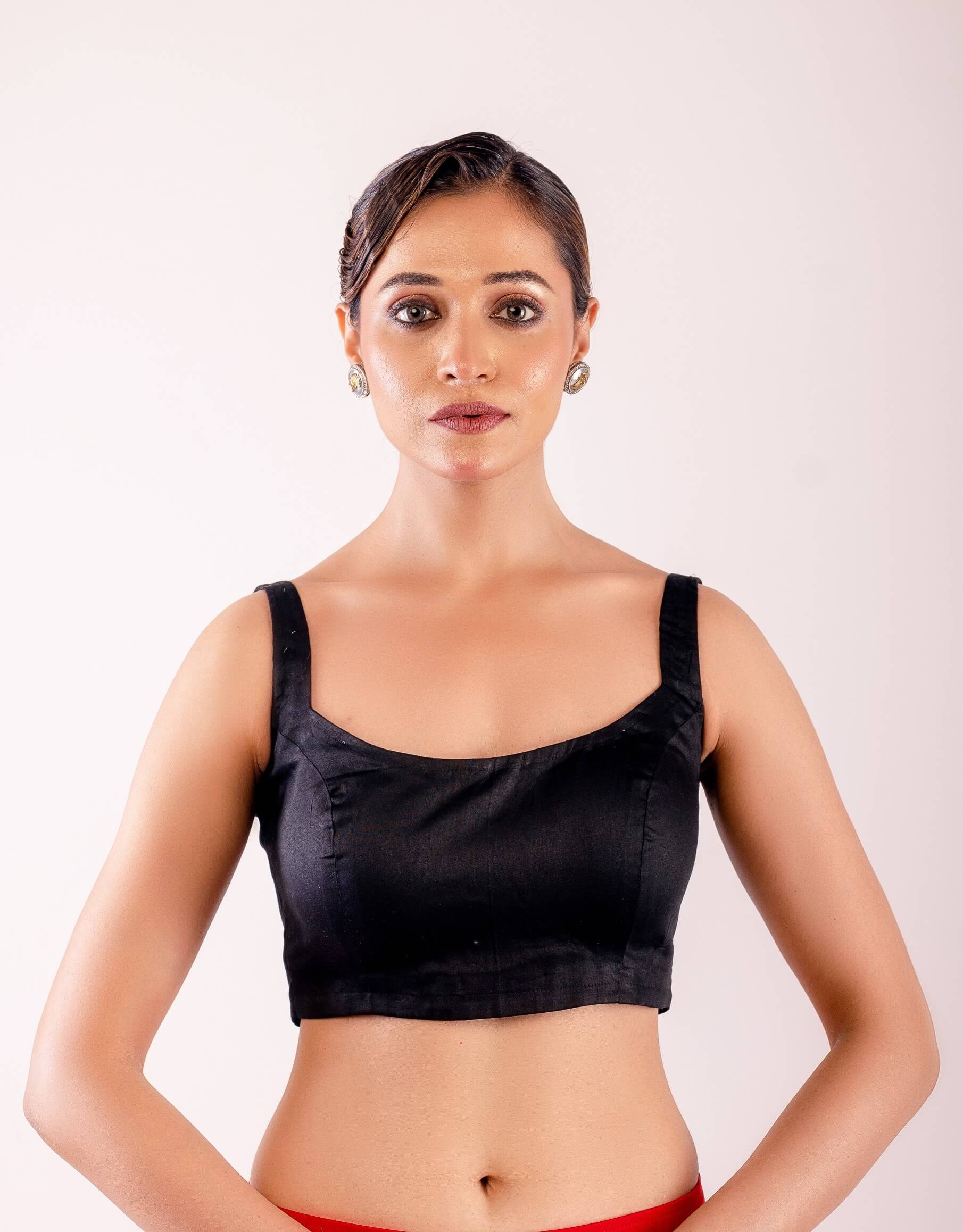 Black Sleeveless Blouse in Cotton Silk with Back Hook Closure - Anvi Couture