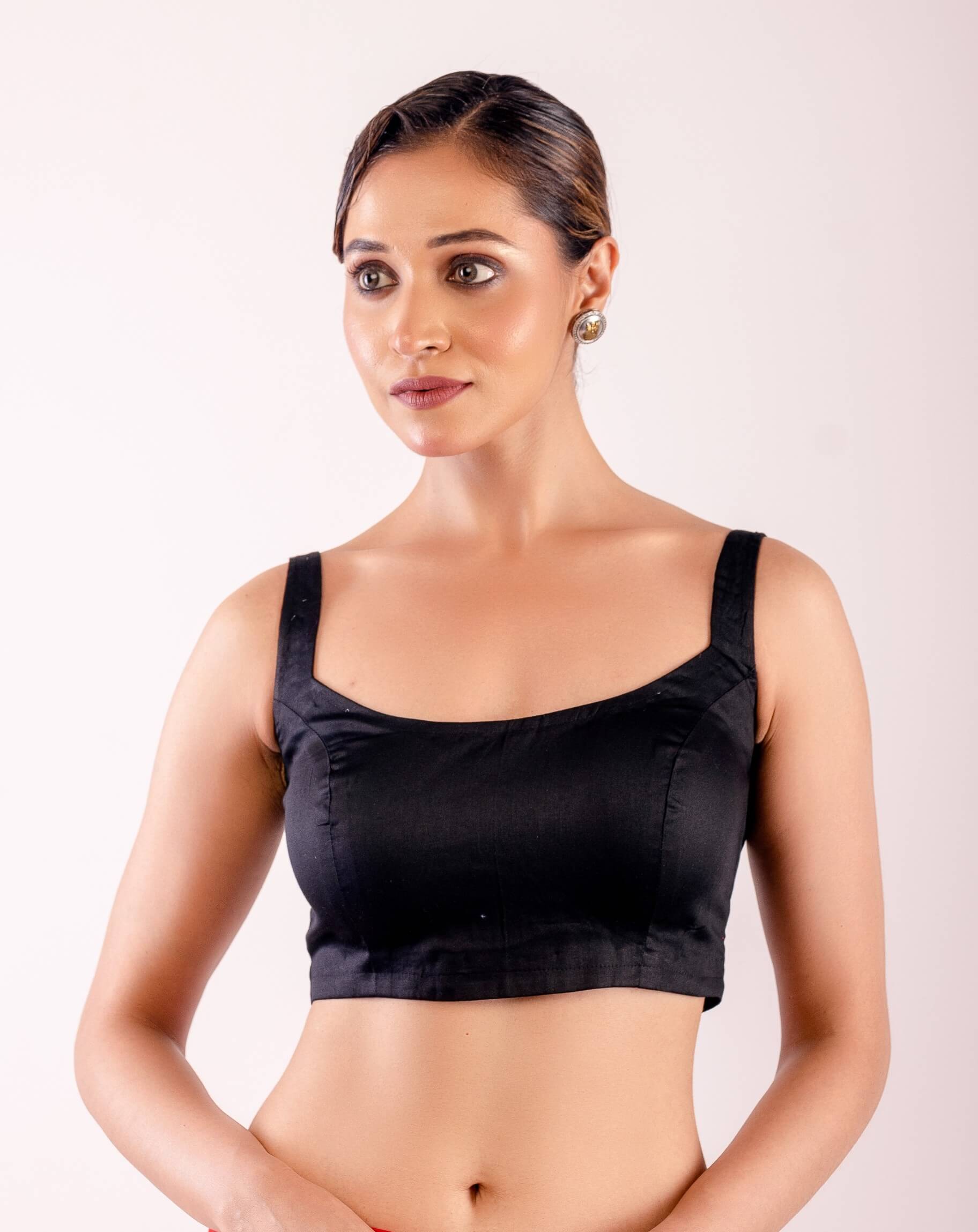 Black Sleeveless Blouse in Cotton Silk with Back Hook Closure - Anvi Couture