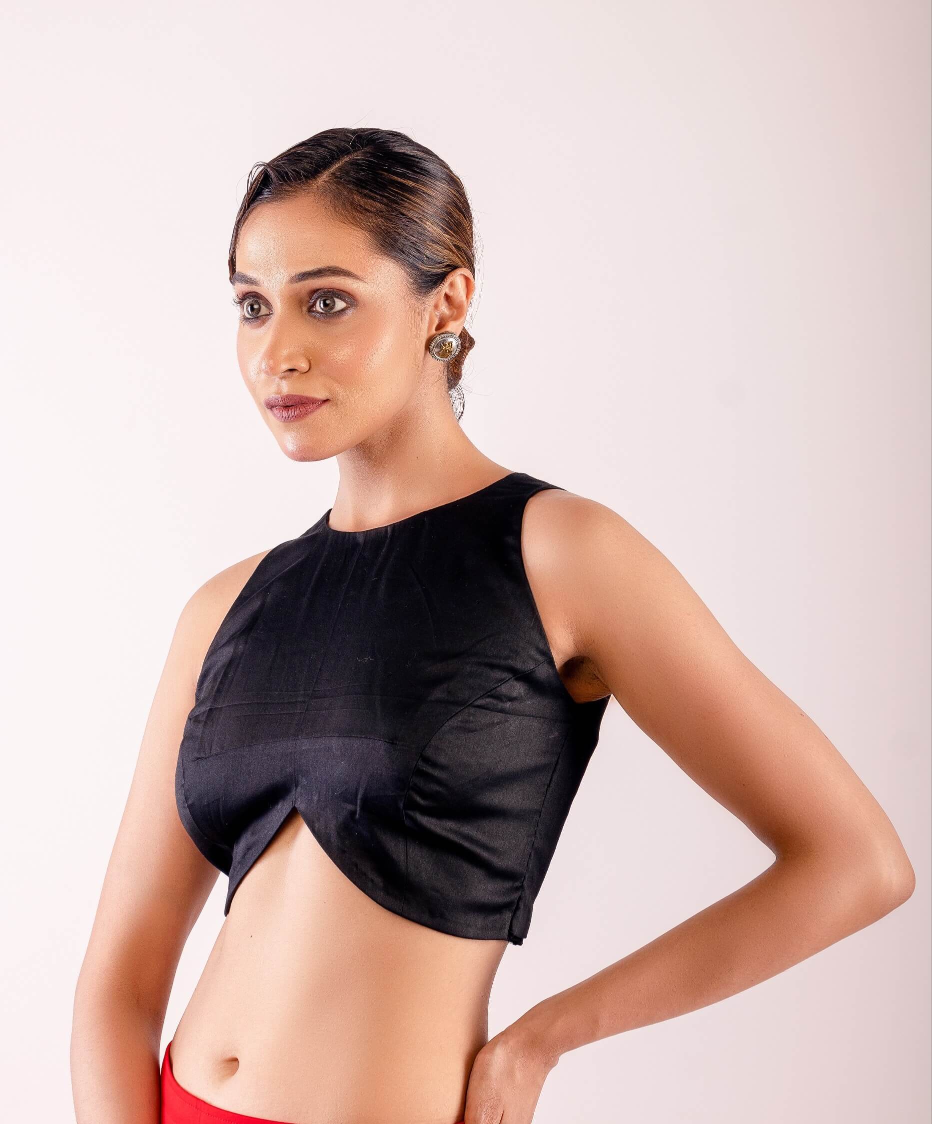 Black Close Neck Sleeveless Blouse in Cotton Silk and Back Closure - Anvi Couture
