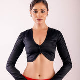 Black Full Sleeve Blouse with Plunging V - neck and Front Closure - Anvi Couture