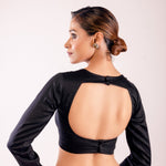 Black Cotton Silk Full Sleeve Blouse with Round Neck and Back Closure - Anvi Couture
