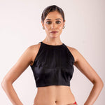 Black Close Neck Sleeveless Blouse in Cotton Silk with Back Closure - Anvi Couture