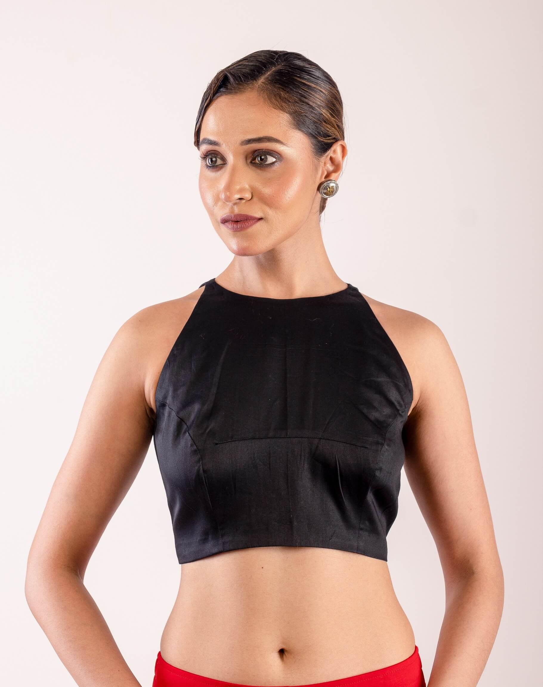 Black Close Neck Sleeveless Blouse in Cotton Silk with Back Closure - Anvi Couture